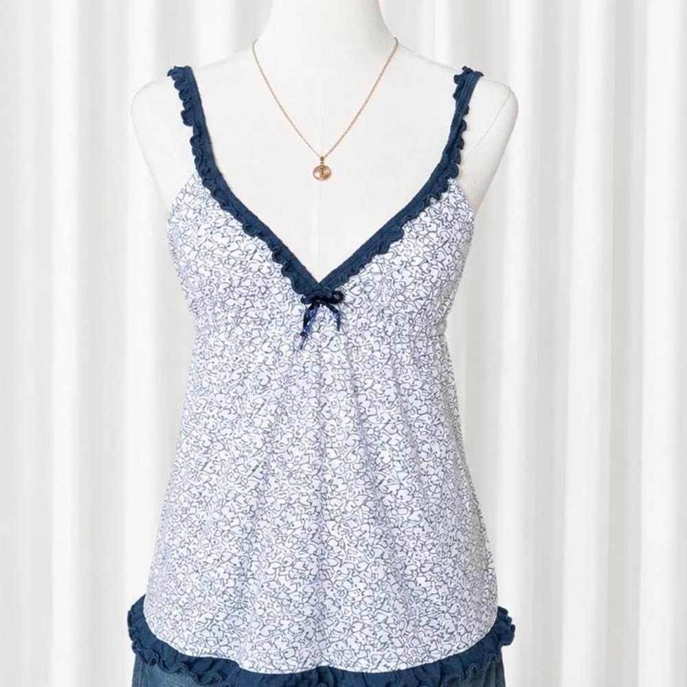 Y2K Blue & White Floral Ruffle Cami Top